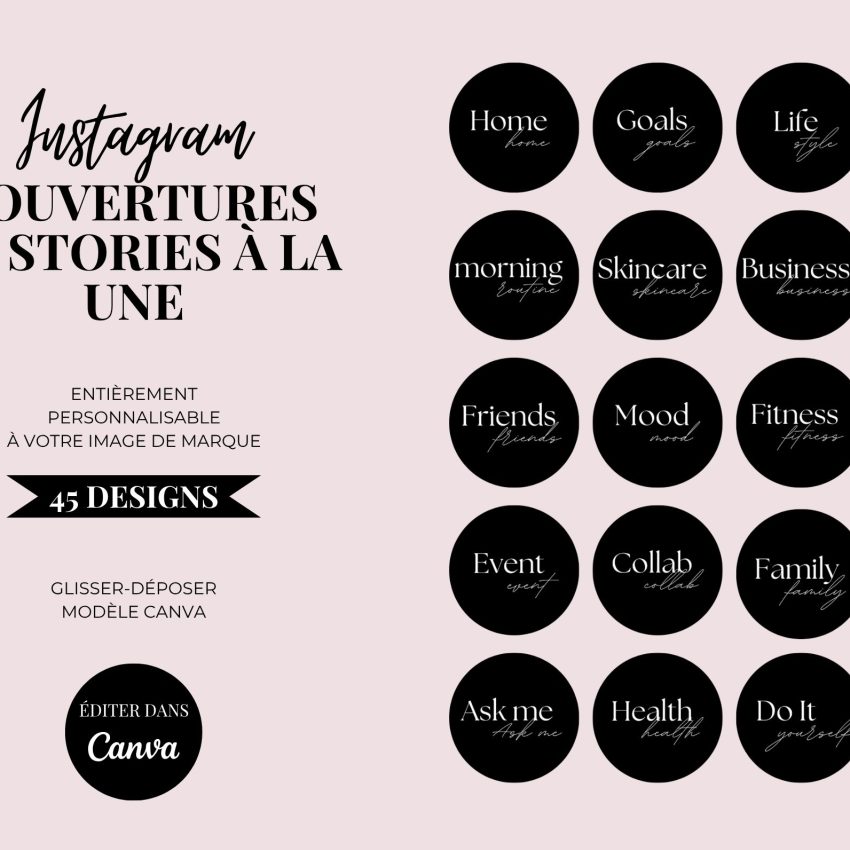 45 Icônes Highlights Instagram Noires — Template Canva Éditable 1