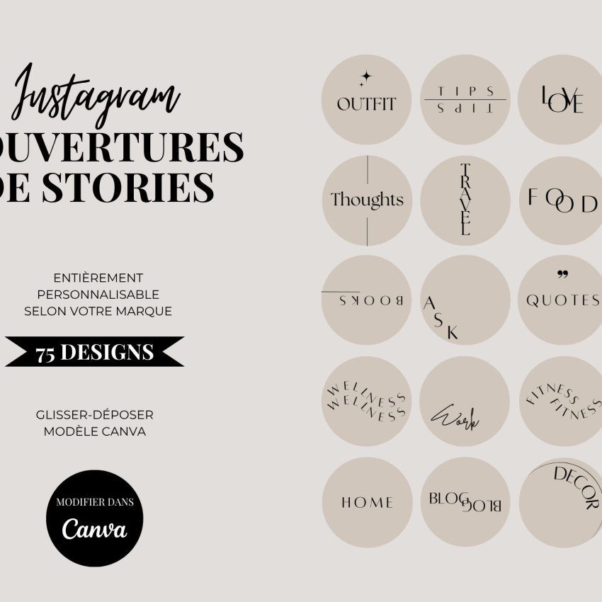 75 icônes Highlight Instagram éditables — Canva minimaliste beige 1
