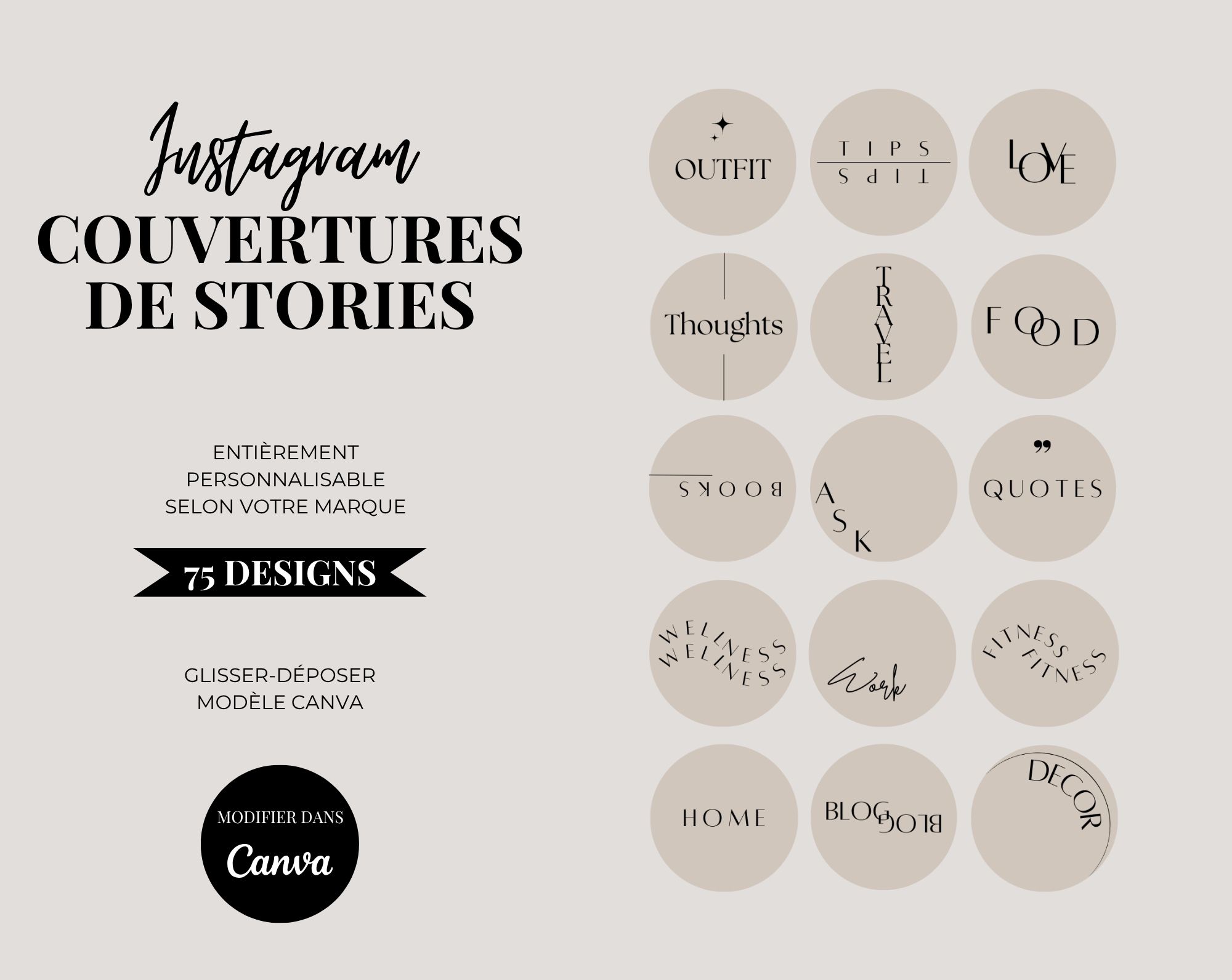 75 icônes Highlight Instagram éditables — Canva minimaliste beige 1